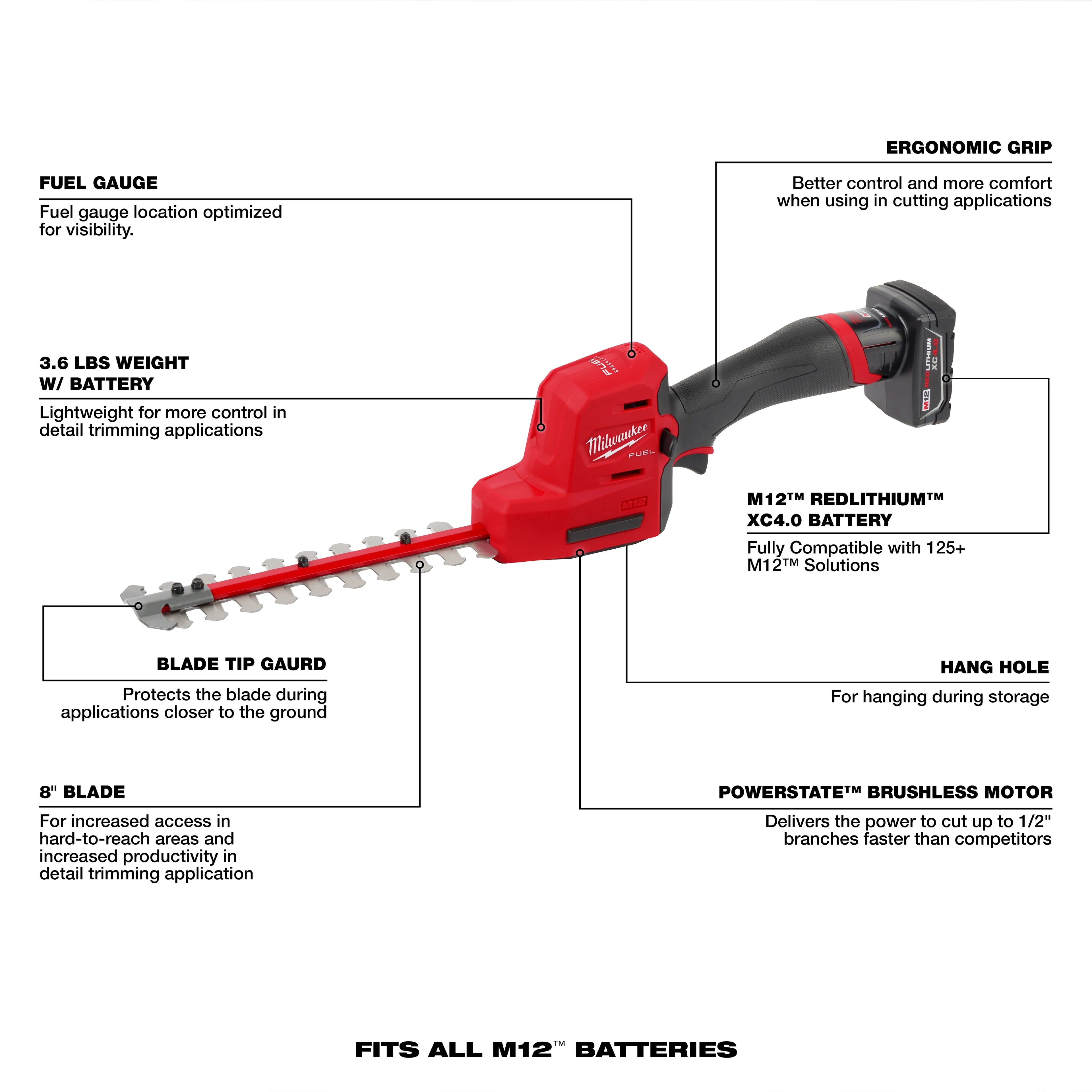 ENSEMBLE TAILLE-HAIES 8'' M12 FUEL BRUSHLESS (XC4.0)