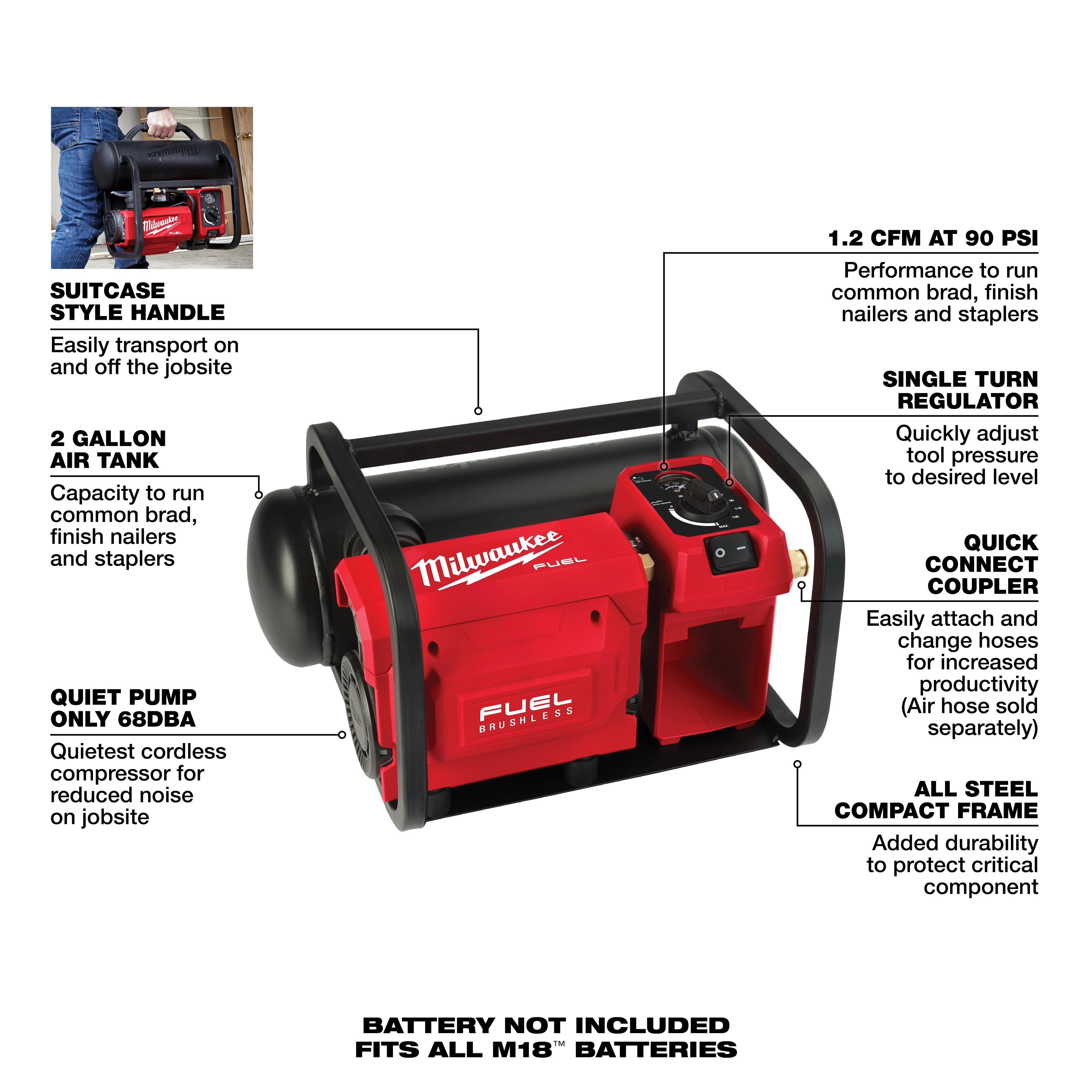 COMPRESSEUR 2 GALLONS SILENCIEUX COMPACT M18 FUEL BRUSHLESS