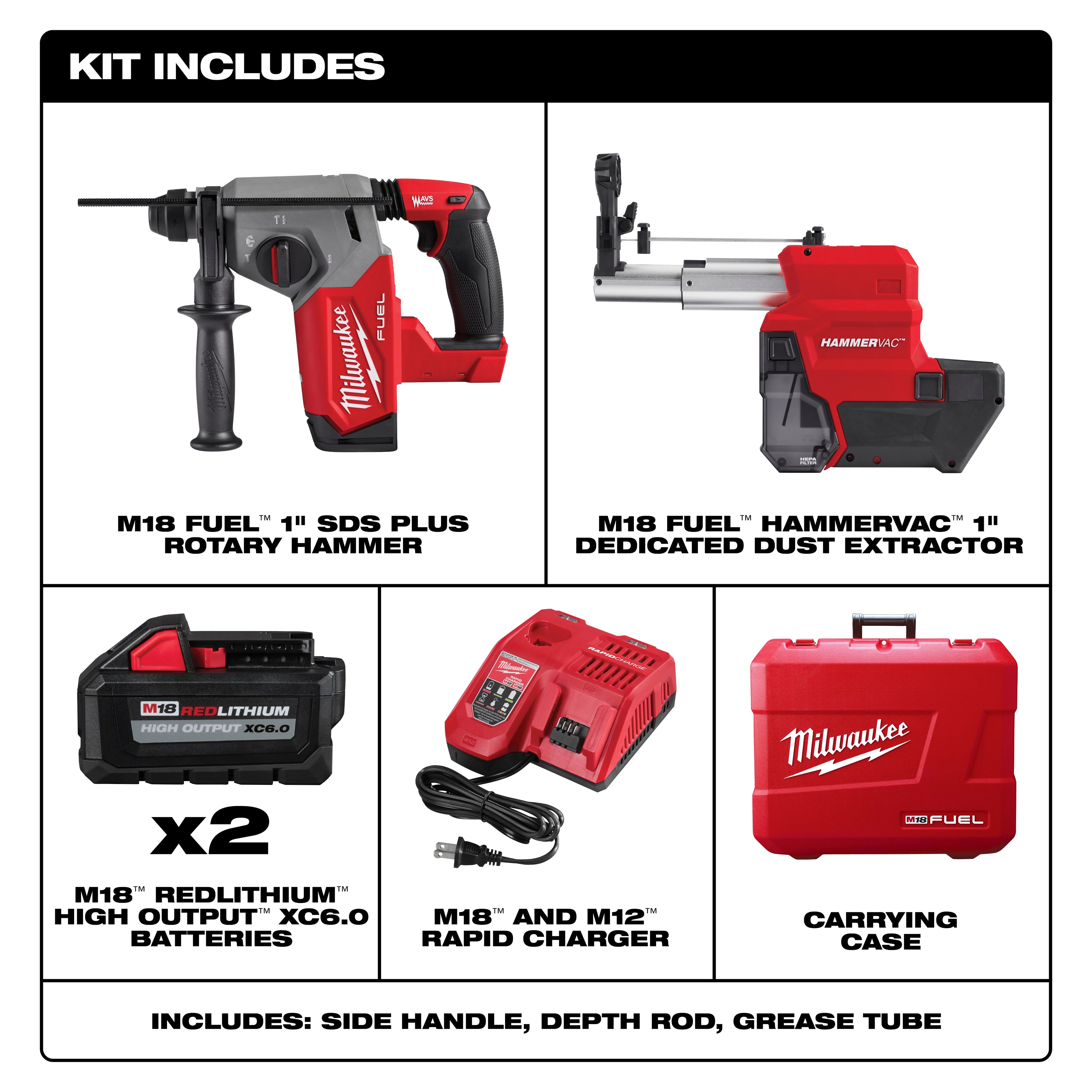 ENSEMBLE MARTEAU ROTATIF 1'' SDS+ M18 FUEL HAMMERVAC (XC6.0)