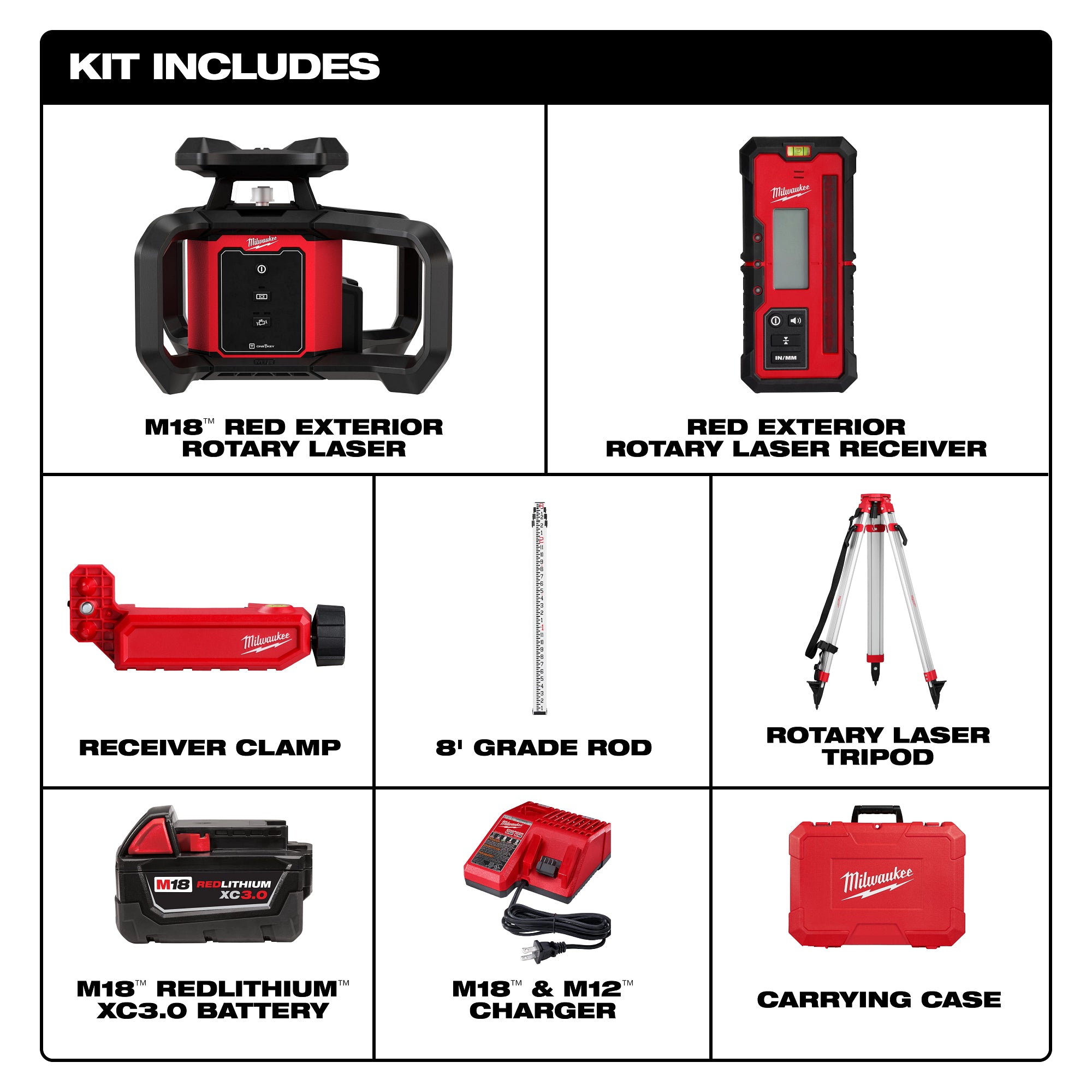 ENSEMBLE NIVEAU LASER ROTATIF ROUGE M18 (RÉCEPTEUR &TRÉPIED)
