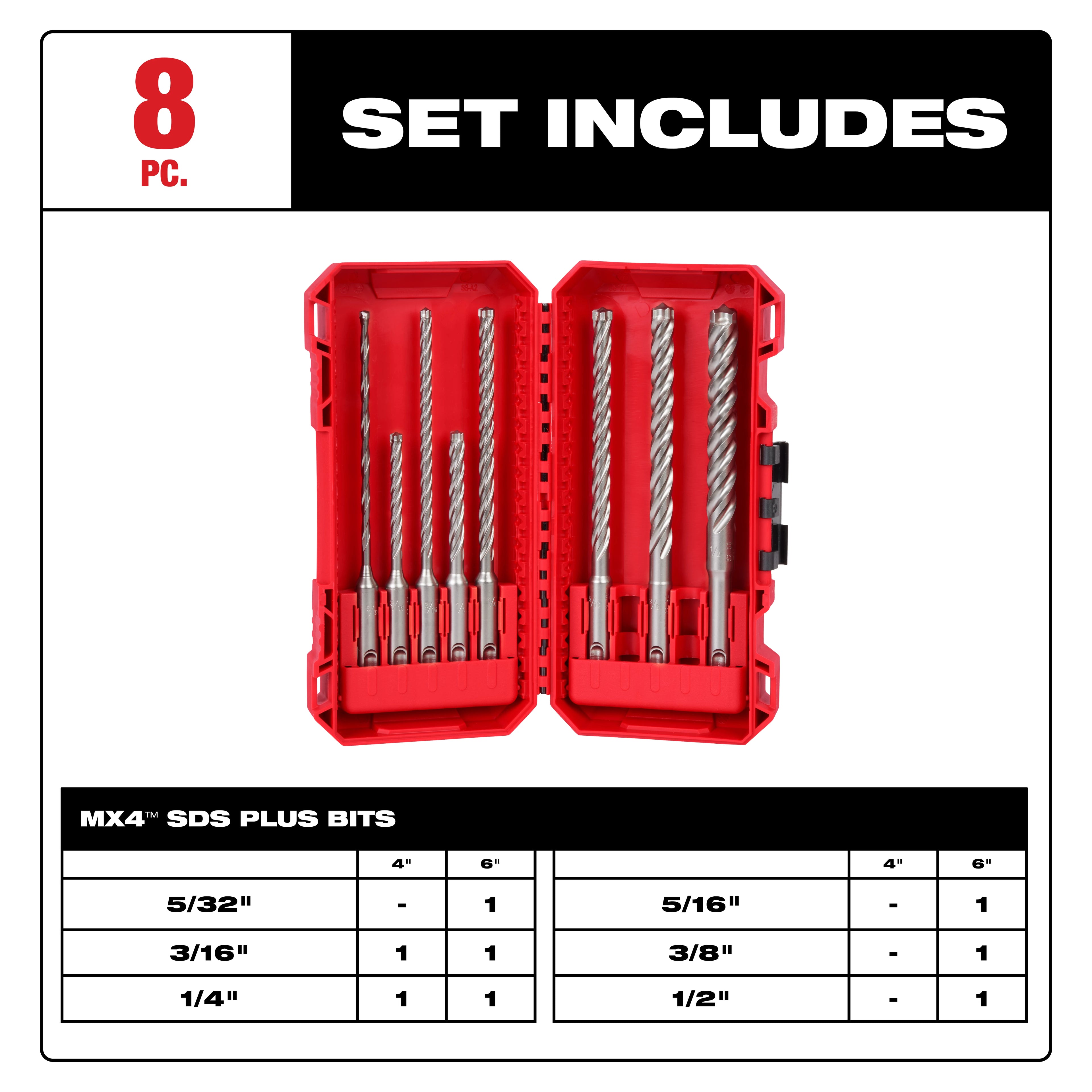 ENSEMBLE 8 MCX MÈCHES À BÉTON SDS+ 4 TRANCHANTS