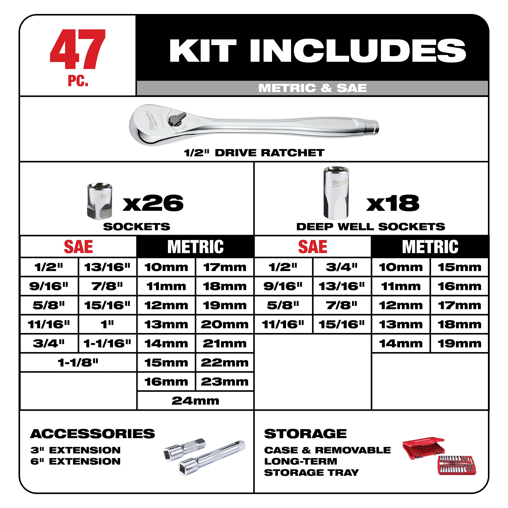 ENSEMBLE DE 47 DOUILLES ET CLIQUET 1/2'' SAE/METRIC
