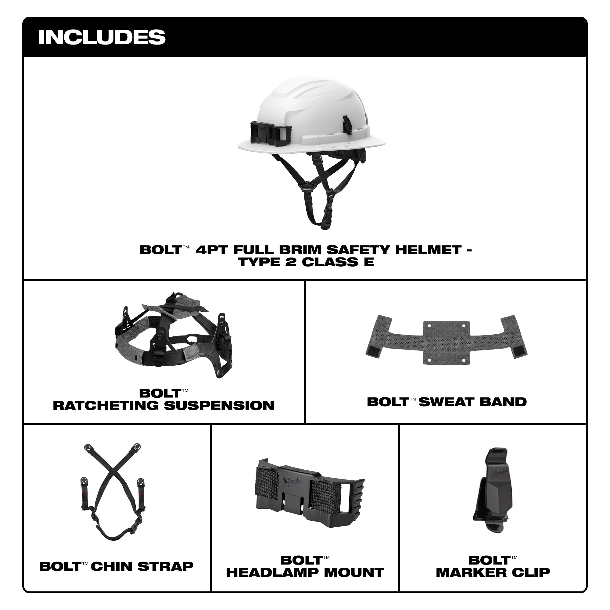 CASQUE DE SÉCURITÉ NOIR BOLT TYPE 2 REBORD COMPLET CLASSE E