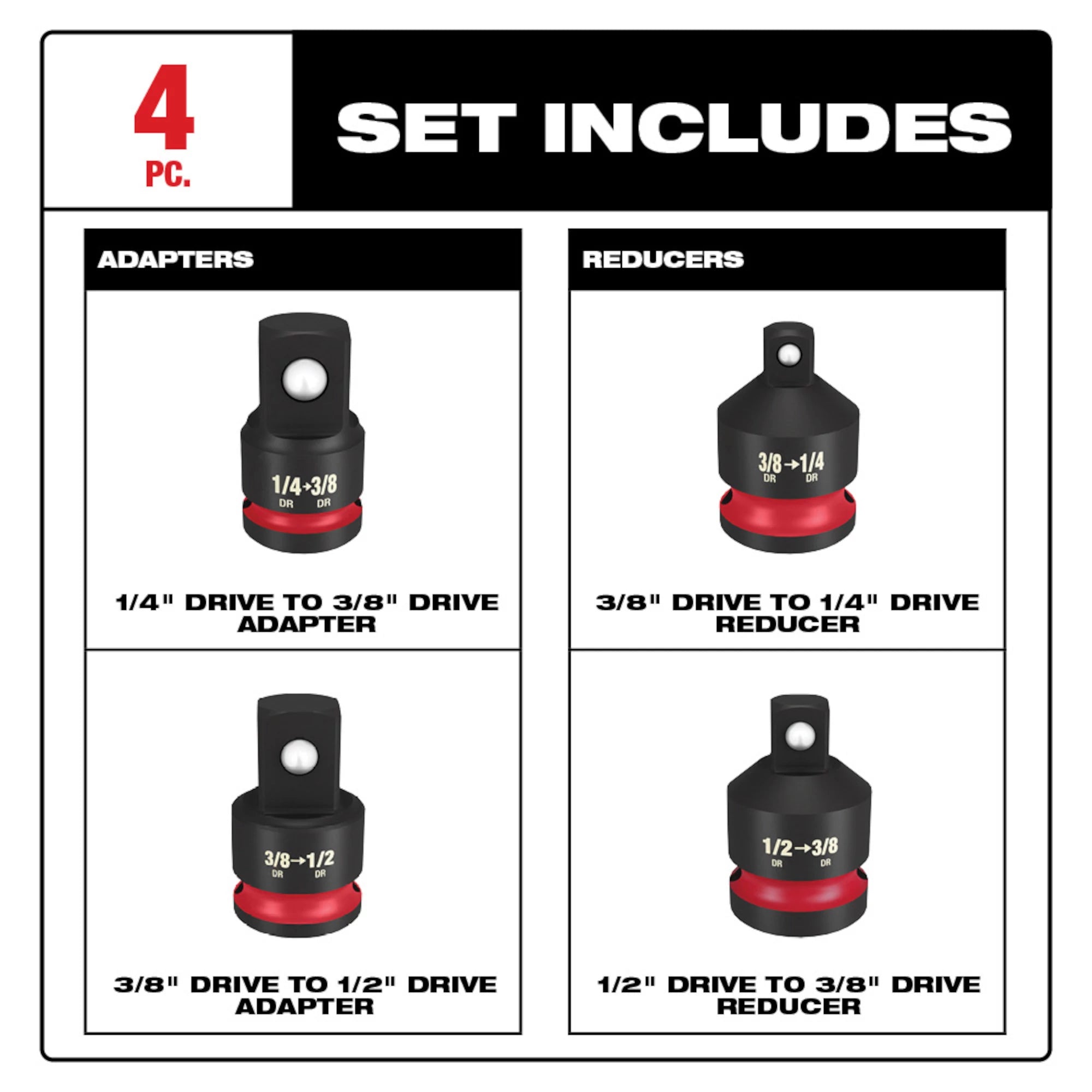 ENSEMBLE D'ADAPTEUR À DOUILLE 1/4'' - 1/2'' IMPACT ( 4 MCX )