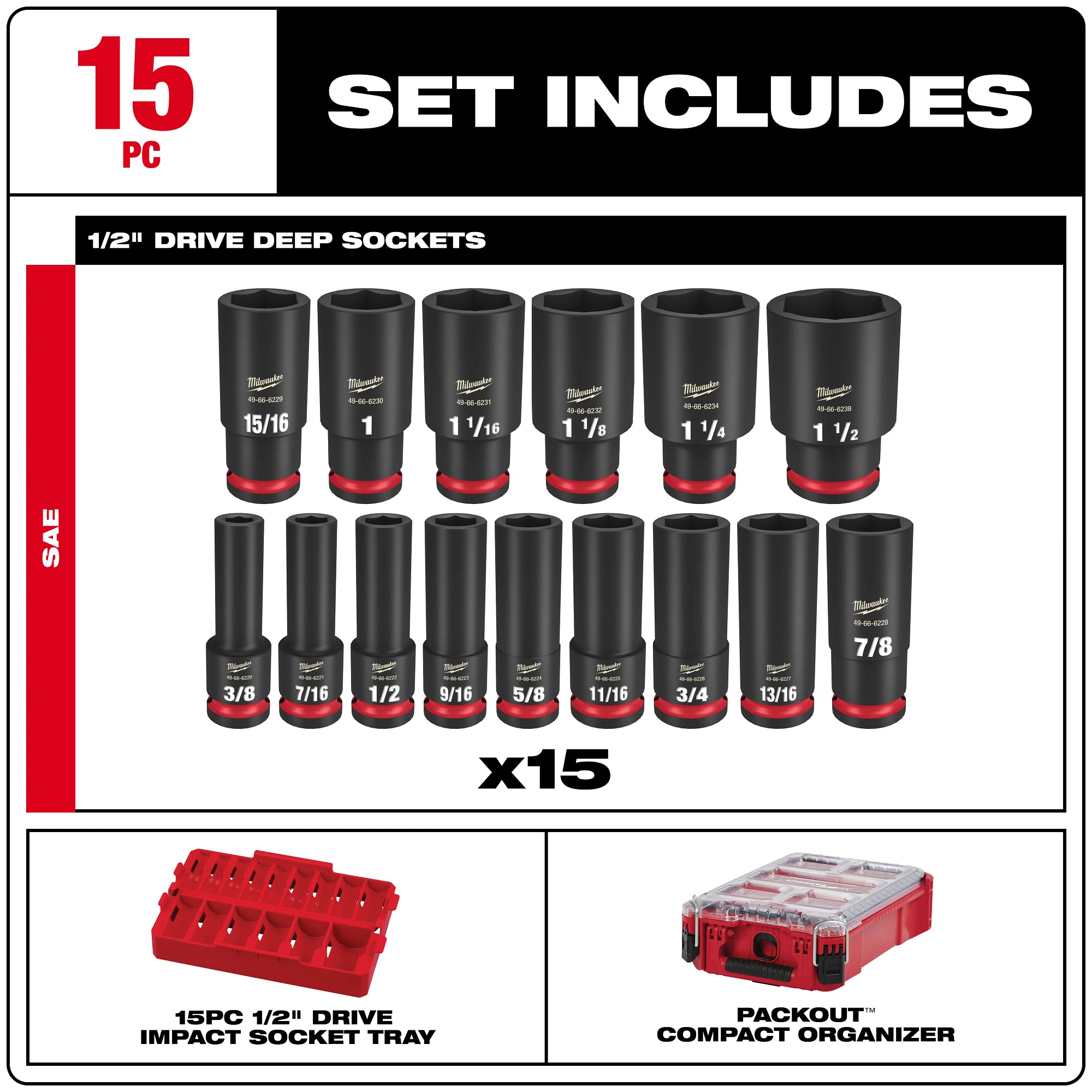 ENSEMBLE DE DOUILLES À CHOCS 1/2'' SAE PACKOUT (15 MCX)