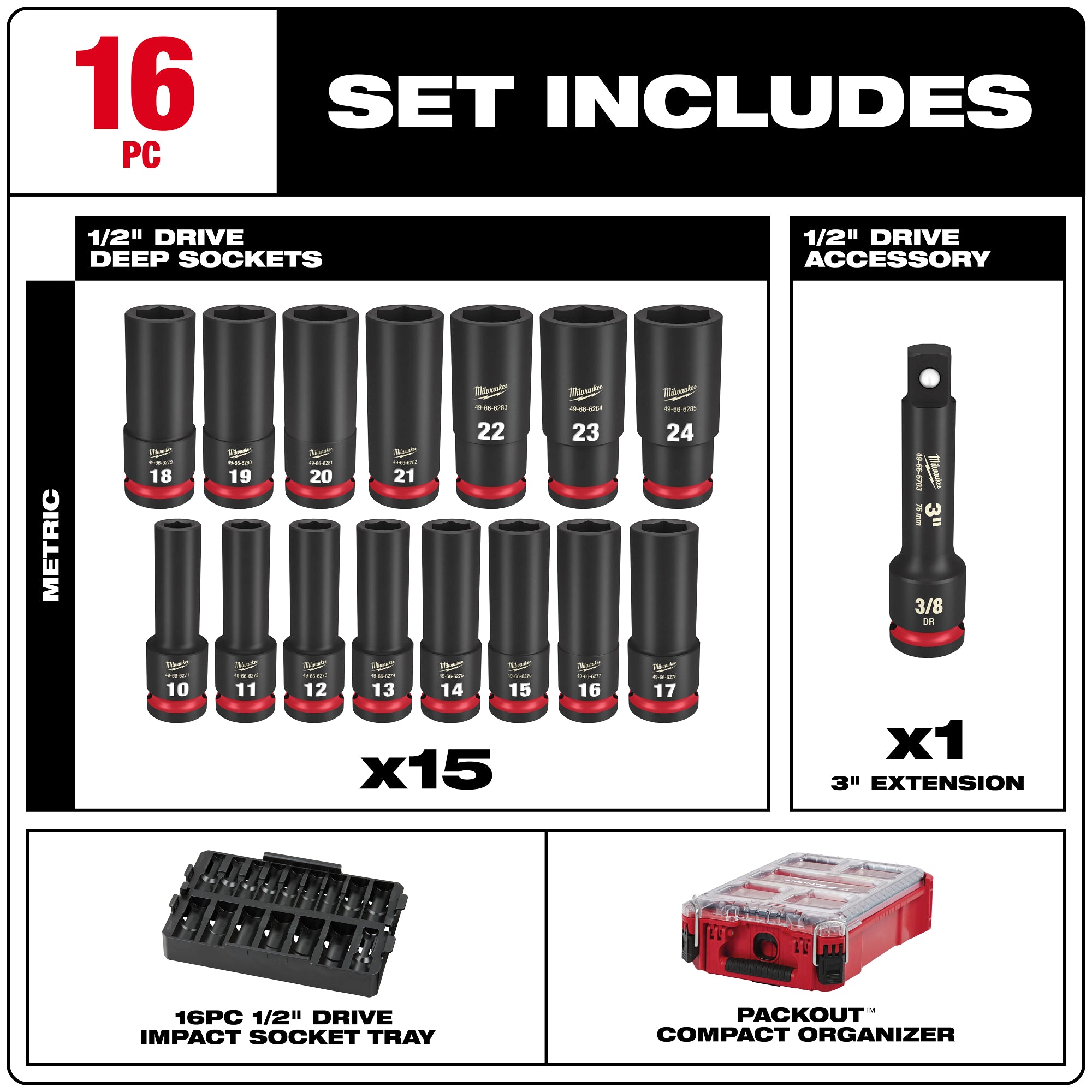 ENSEMBLE DE DOUILLES À CHOCS 1/2'' MÉTRIQUE PACKOUT (16 MCX)