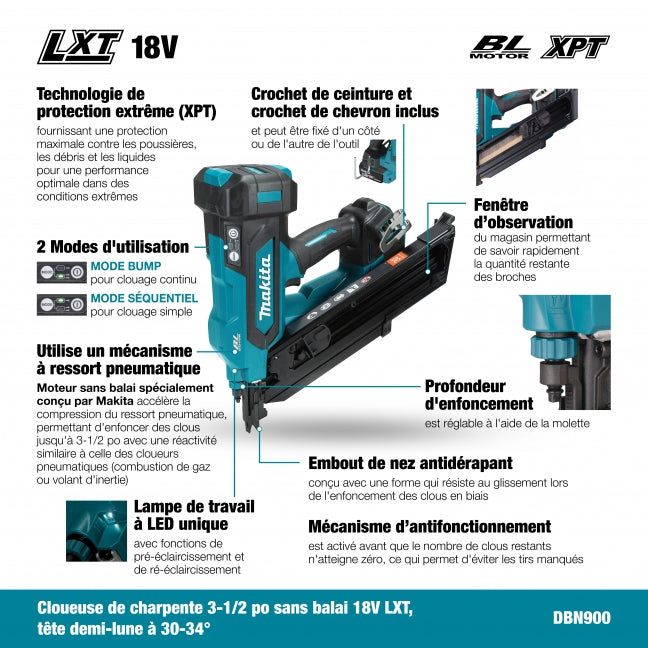 CLOUEUSE À CHARPENTE 30° DE 2'' À 3-1/2'' 18V LXT BRUSHLESS