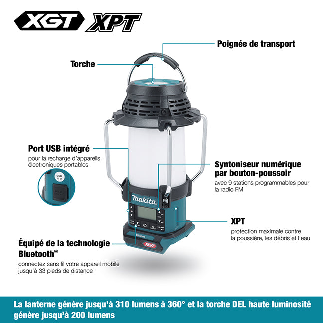 RADIO FM & BLUETOOTH AVEC LANTERNE 310 LUMENS 40V XGT