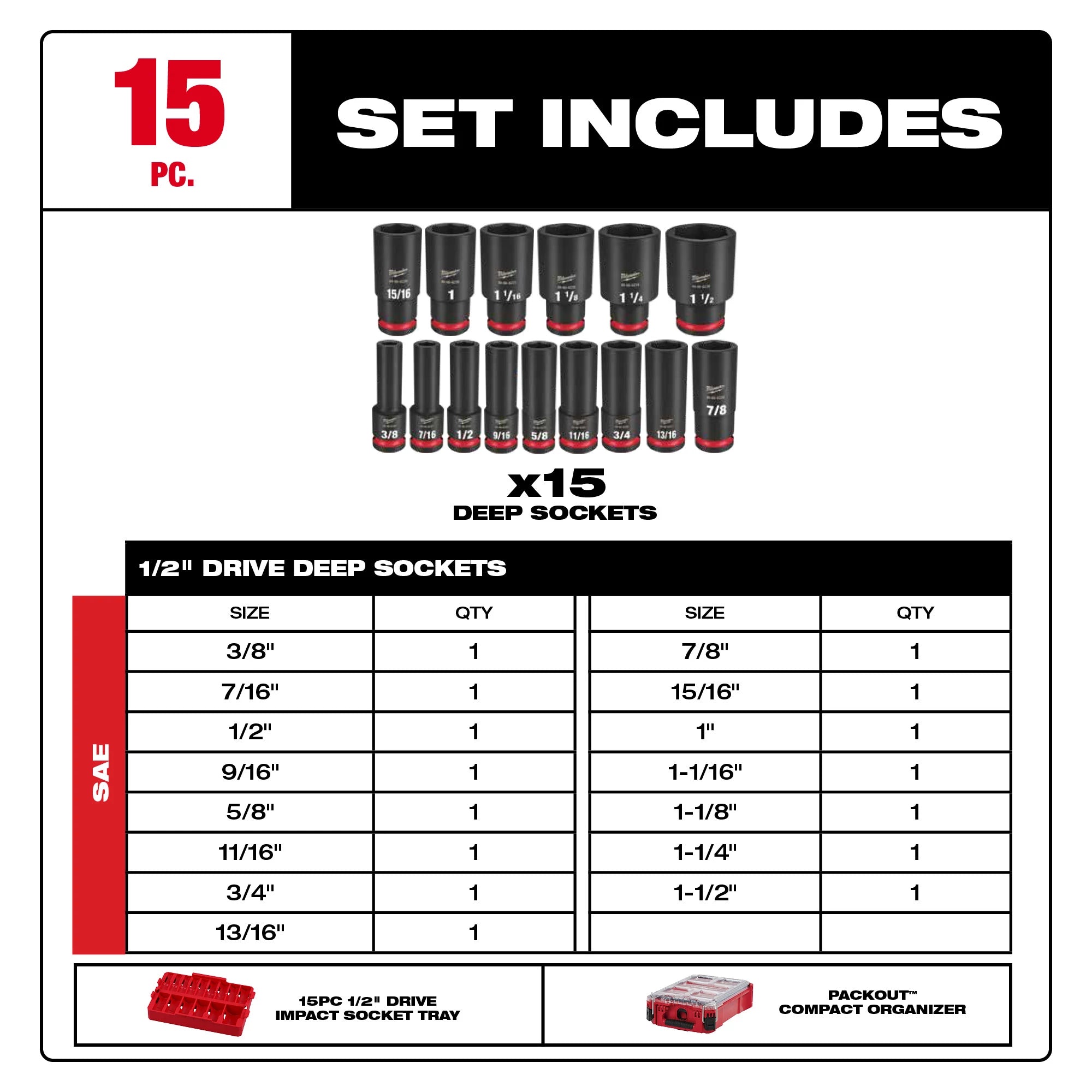 1/2" SAE PACKOUT IMPACT SOCKET SET (15 PC)