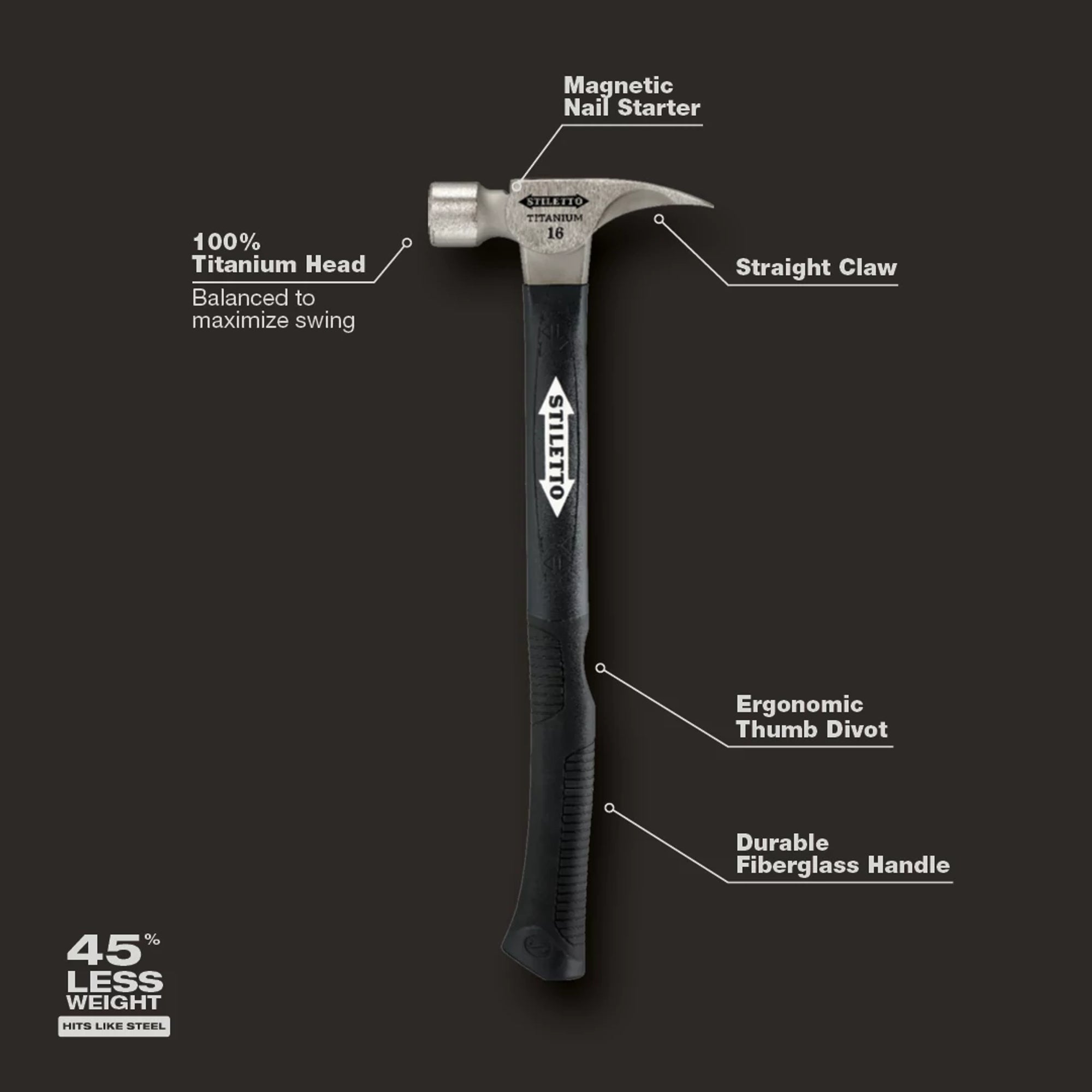 16OZ TITANIUM SMOOTH FACE HAMMER & 18'' FIBERGLASS HANDLE