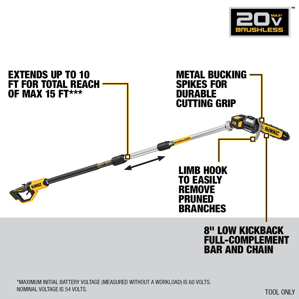 SCIE À CHAÎNE 8'' D'ÉLAGAGE EXTENSIBLE BRUSHLESS 20V MAX