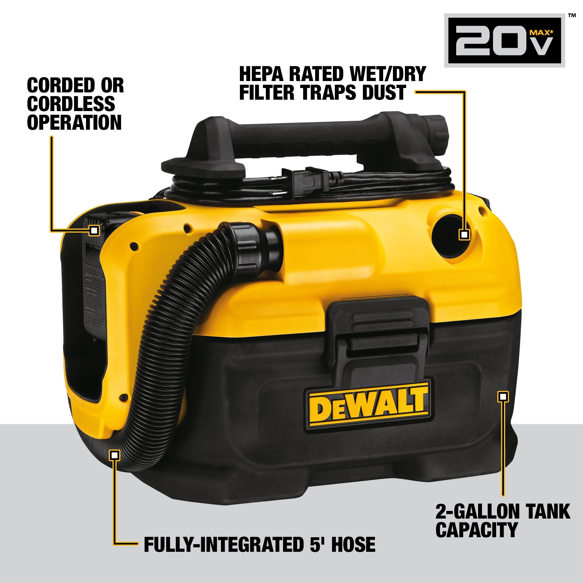 ASPIRATEUR 2 GALLONS SEC & HUMIDE HEPA 20V MAX AC/DC