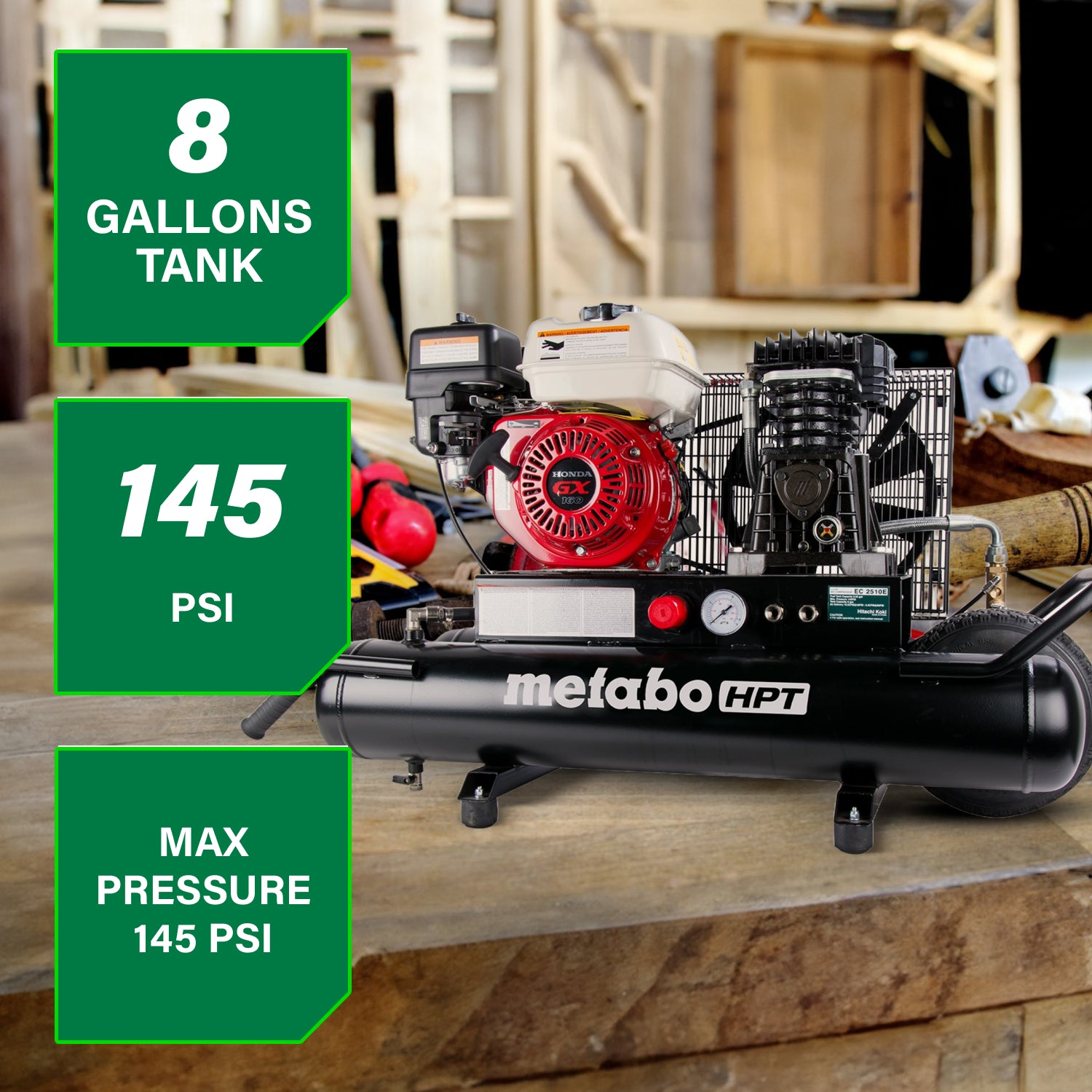 COMPRESSEUR 5.5HP 8 GALLONS GAZ HONDA SUR ROUE